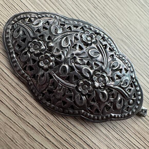 Antique Sterling Silver Victorian Edwardian Repousse Floral Hair Clip Barrette - Picture 2 of 7